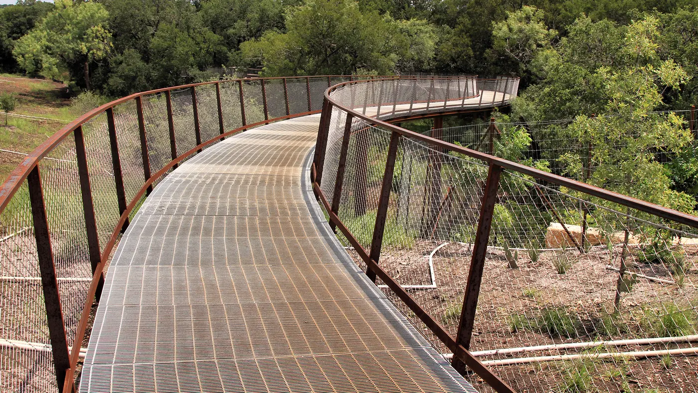 Curving steel skywalk path leading into green trees