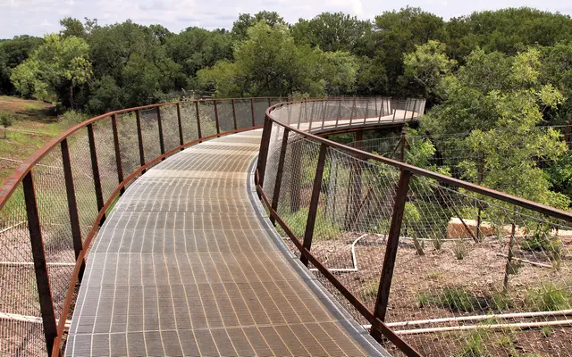 Curving steel skywalk path leading into green trees