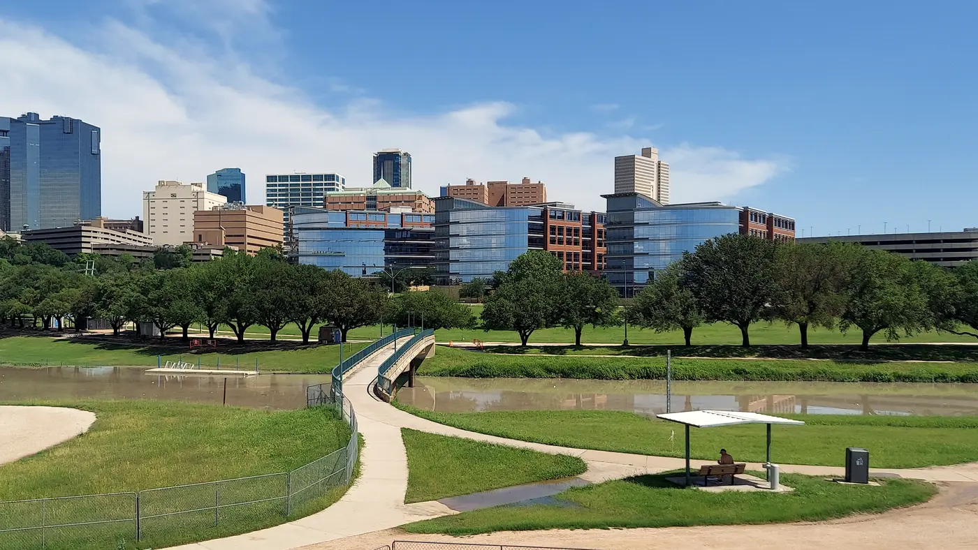 Trinity River trail and park with the Fort Worth skyline