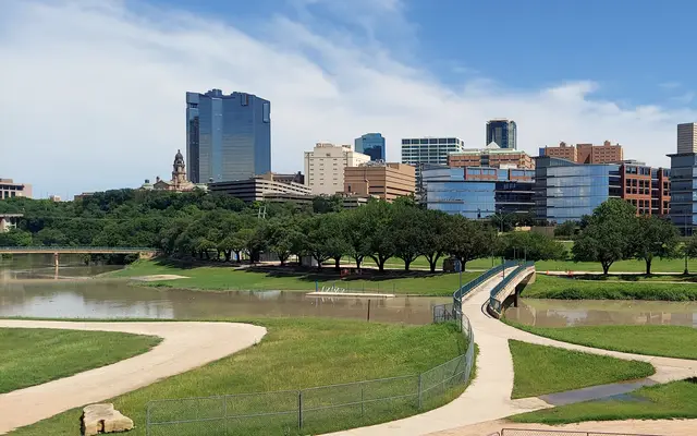Trinity River trail and park with the Fort Worth skyline