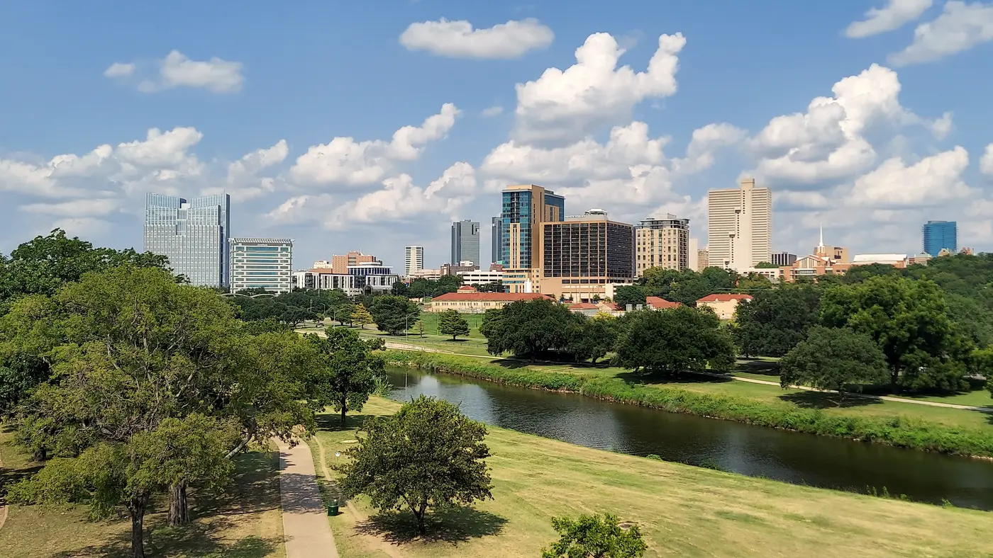 Trinity River winding toward the Fort Worth skyline