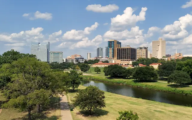 Trinity River winding toward the Fort Worth skyline