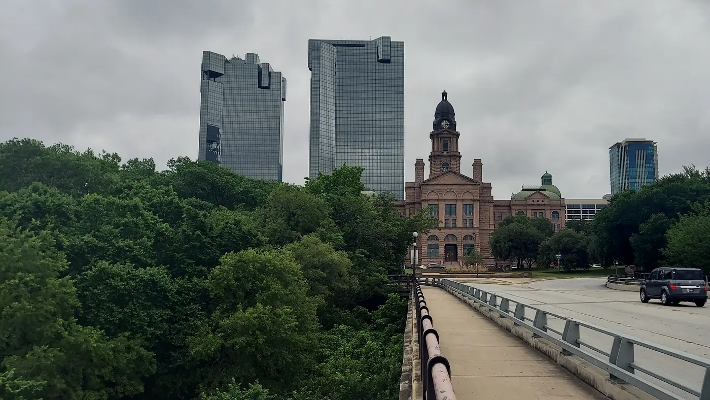 Tarrant County Courthouse and Fort Worth towers seen from a bridge