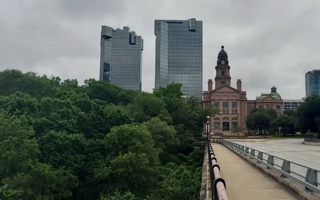 Tarrant County Courthouse and Fort Worth towers seen from a bridge