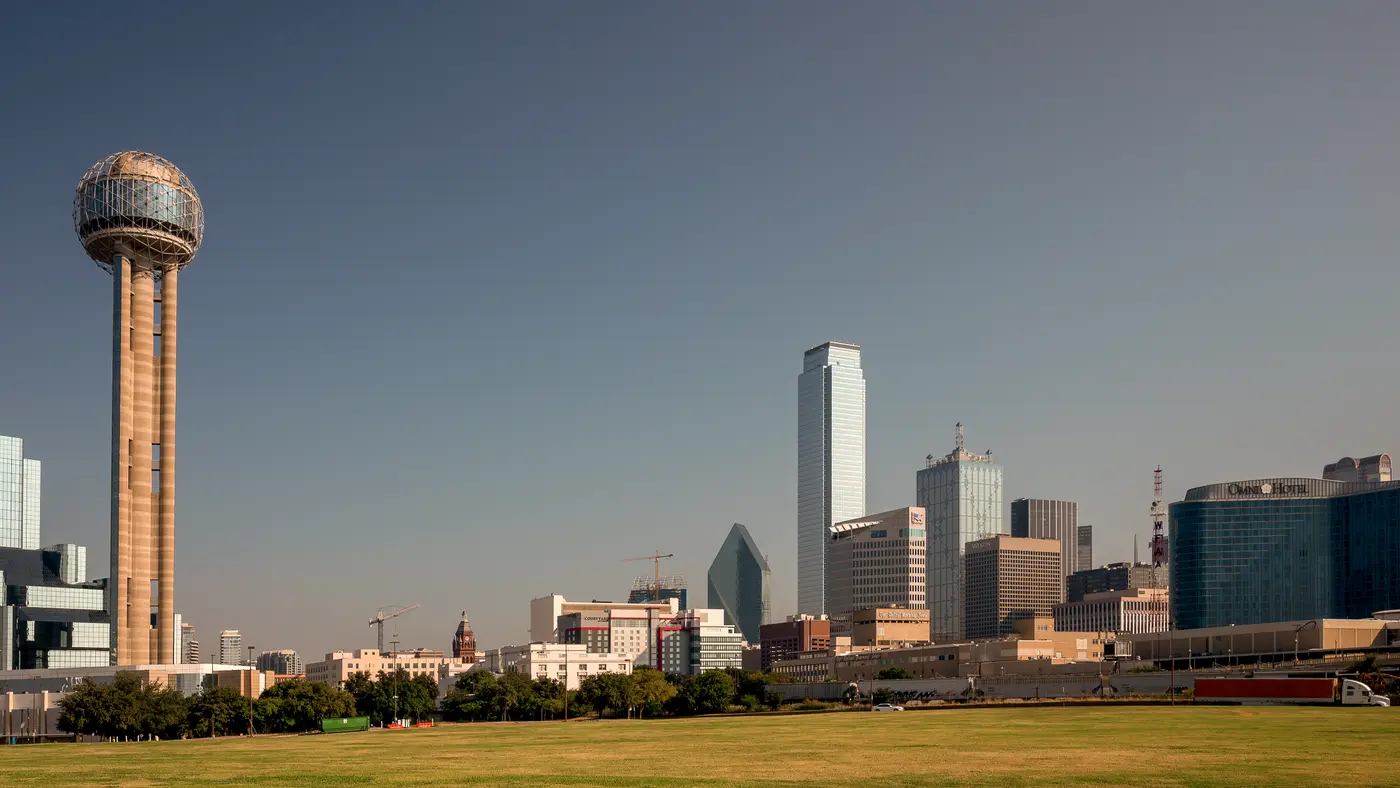 Reunion Tower and downtown Dallas skyline on a clear day
