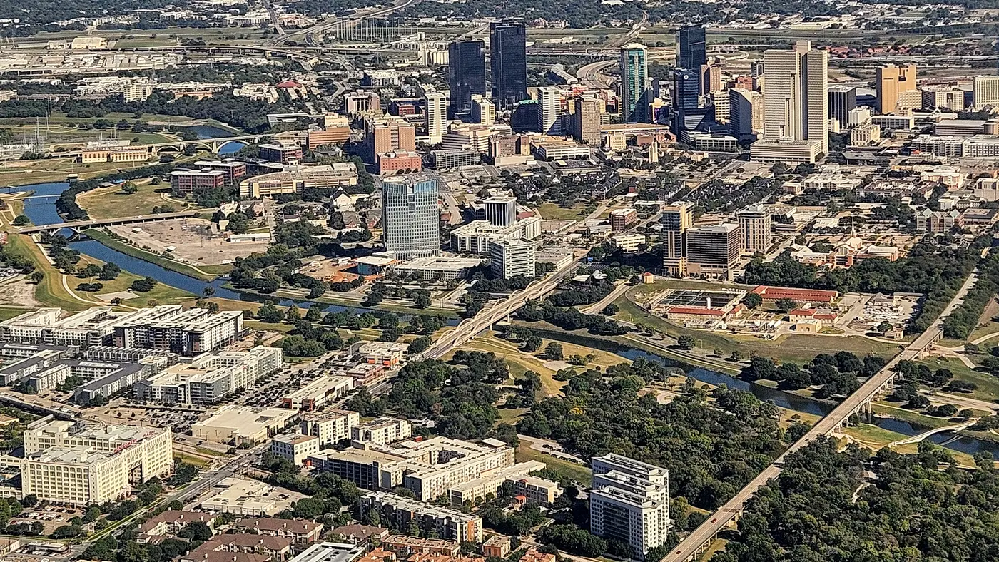 Aerial view of downtown Fort Worth and surrounding neighborhoods