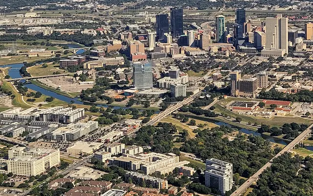 Aerial view of downtown Fort Worth and surrounding neighborhoods