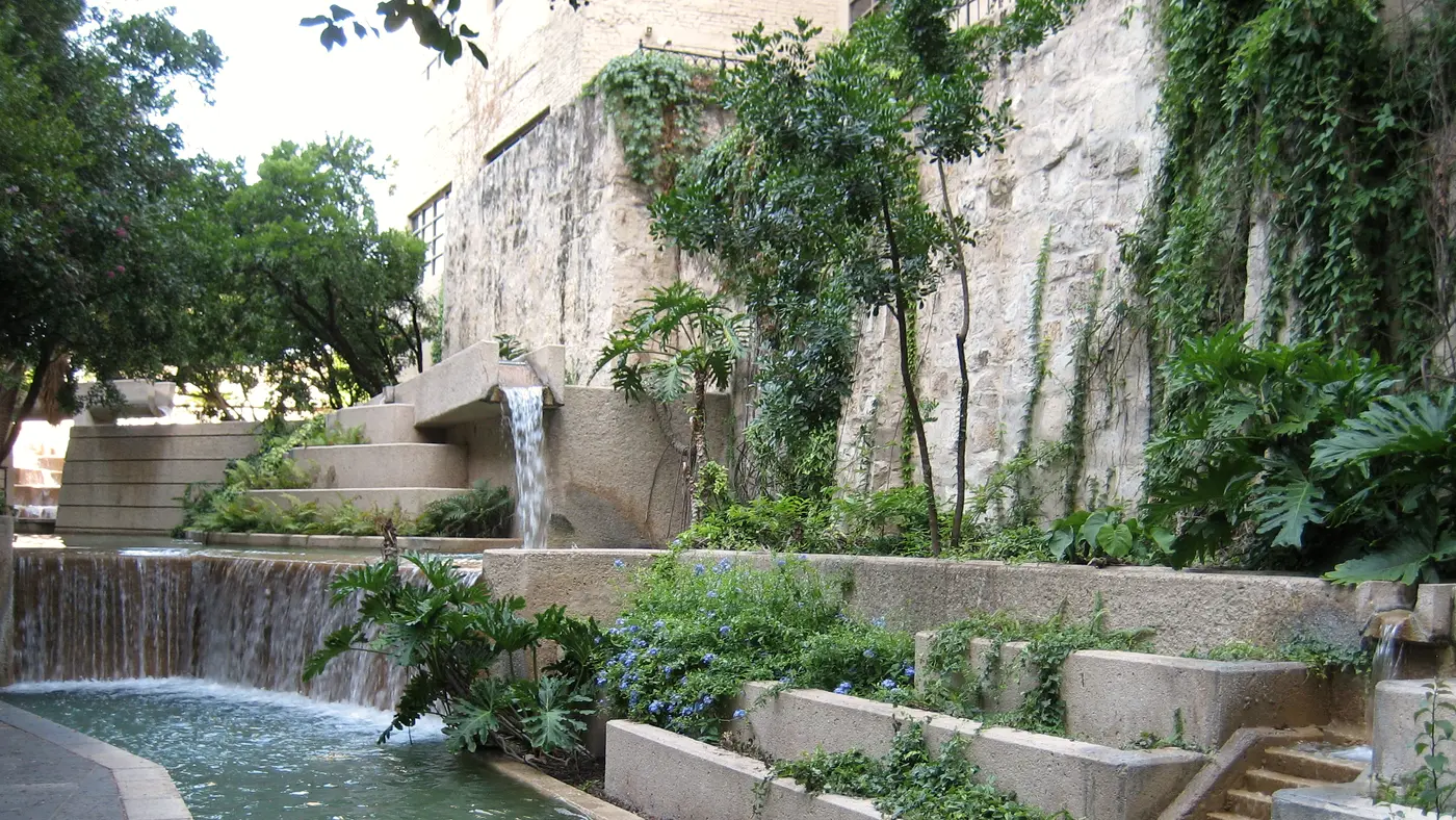 Terraced garden and waterfall along the San Antonio River Walk