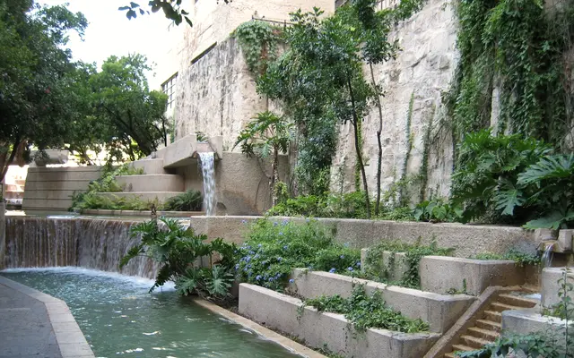 Terraced garden and waterfall along the San Antonio River Walk