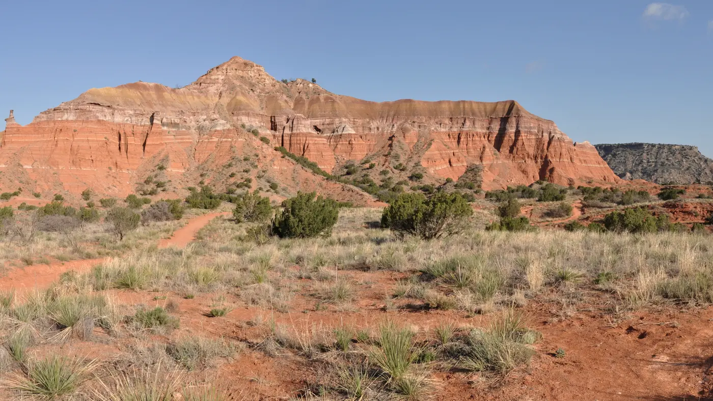Red rock ridges and desert scrub in Palo Duro Canyon, Texas