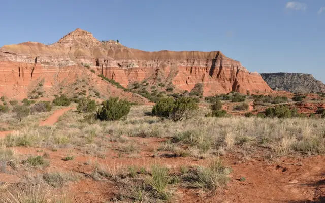 Red rock ridges and desert scrub in Palo Duro Canyon, Texas