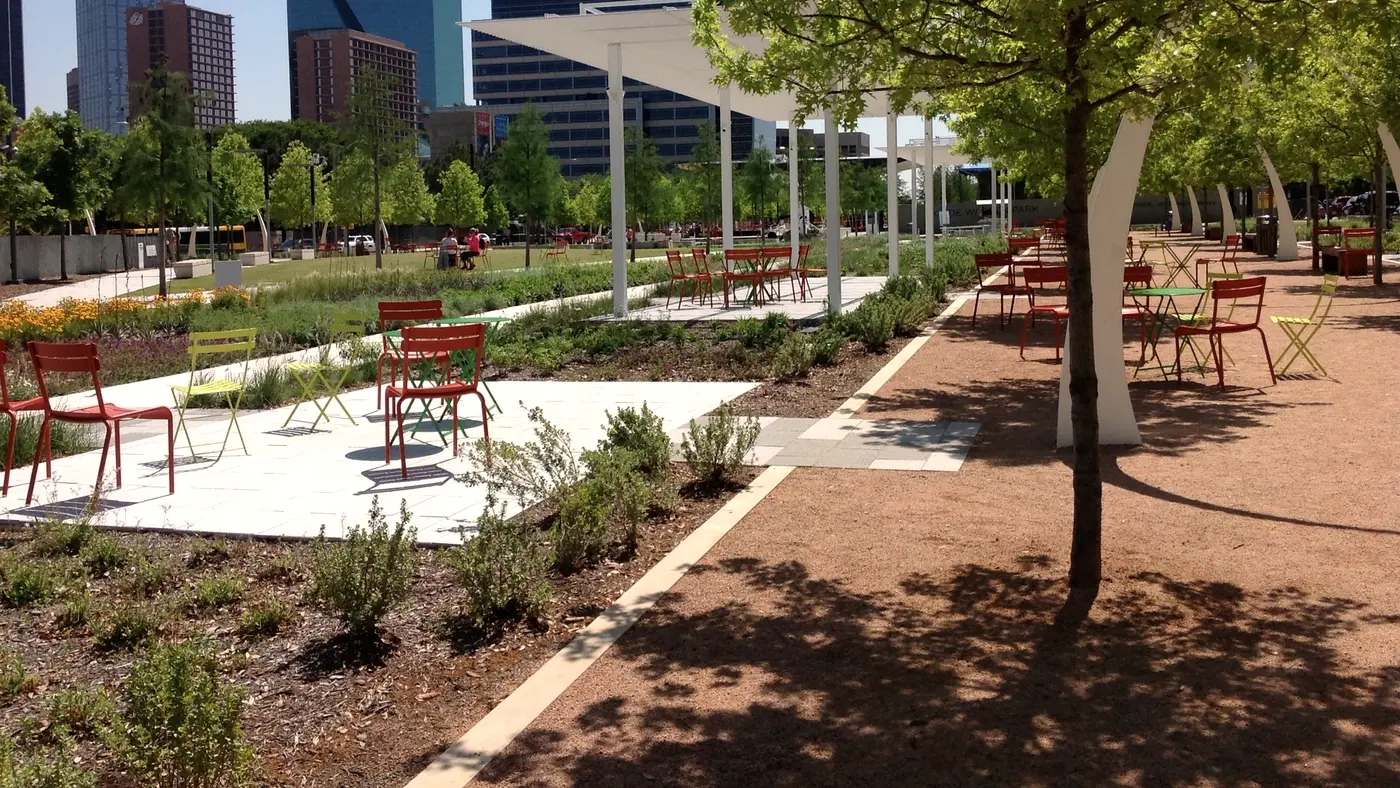 Klyde Warren Park gardens with Dallas towers behind