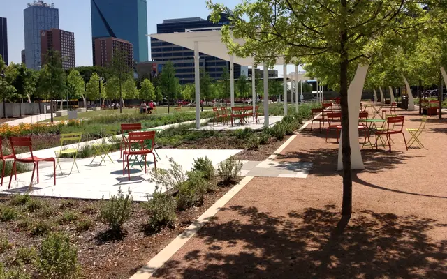 Klyde Warren Park gardens with Dallas towers behind