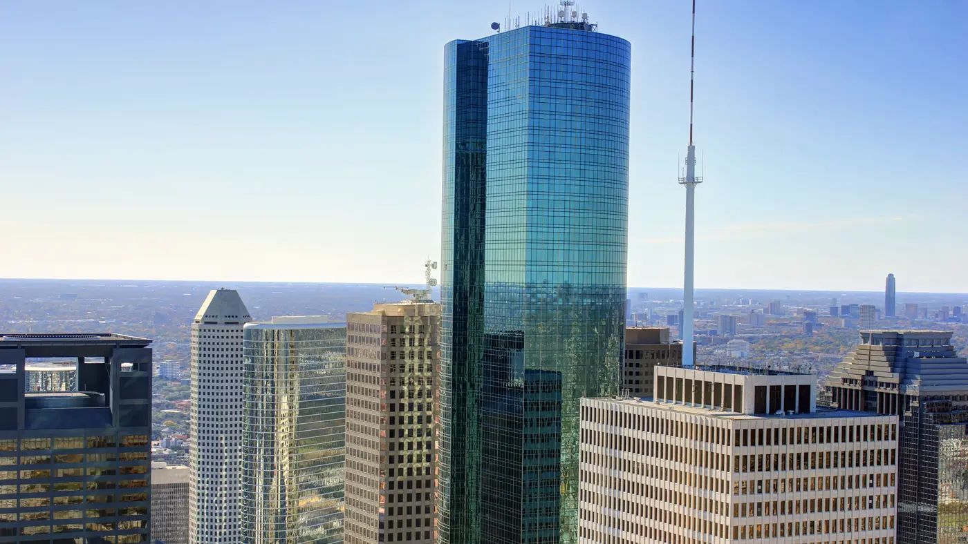 Glass skyscrapers of downtown Houston seen from high above the city