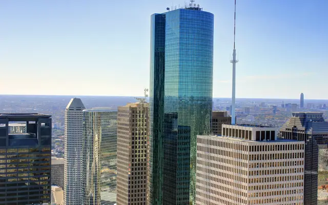 Glass skyscrapers of downtown Houston seen from high above the city