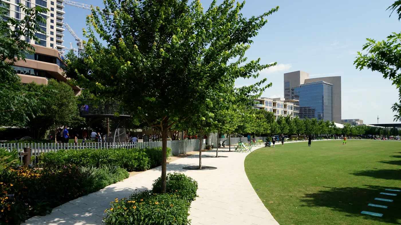 Winding path through the Klyde Warren Park lawn in Dallas