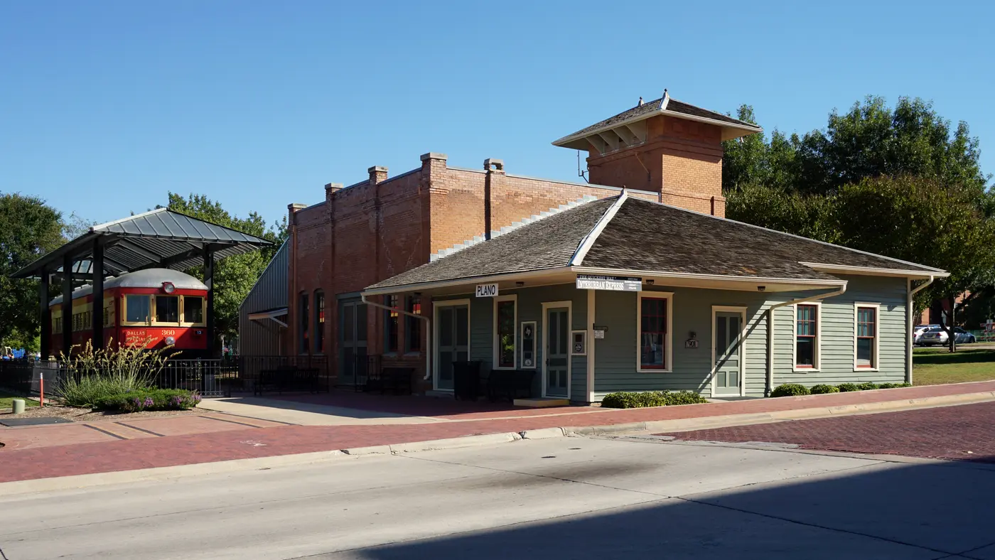 Historic brick interurban railway station museum in downtown Plano, Texas