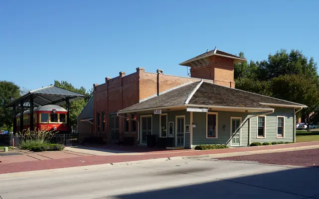 Historic brick interurban railway station museum in downtown Plano, Texas