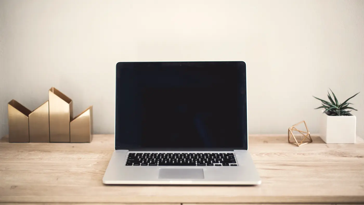 Open laptop on a light wooden sideboard beside a small plant