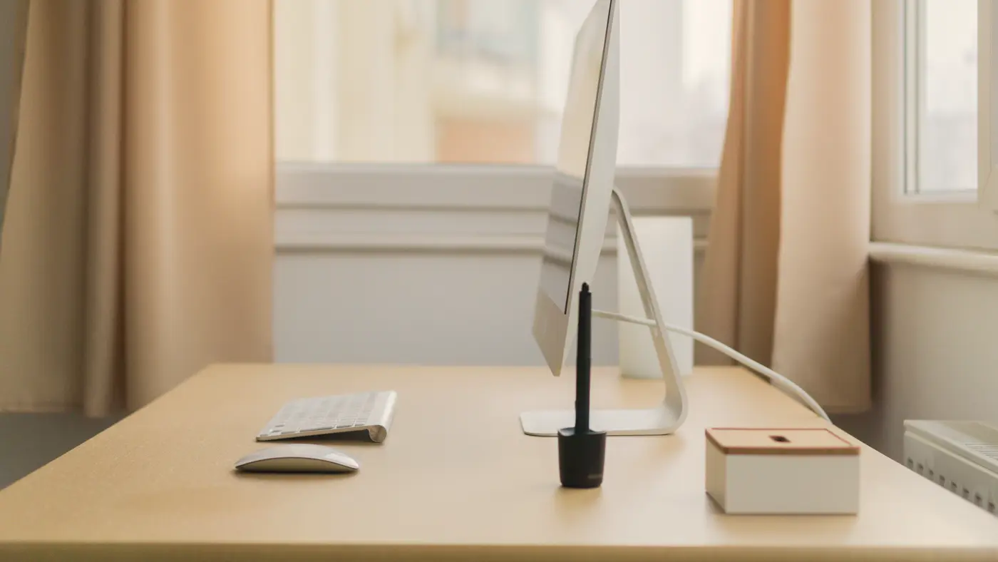 Minimal desk with a computer beside a curtained window