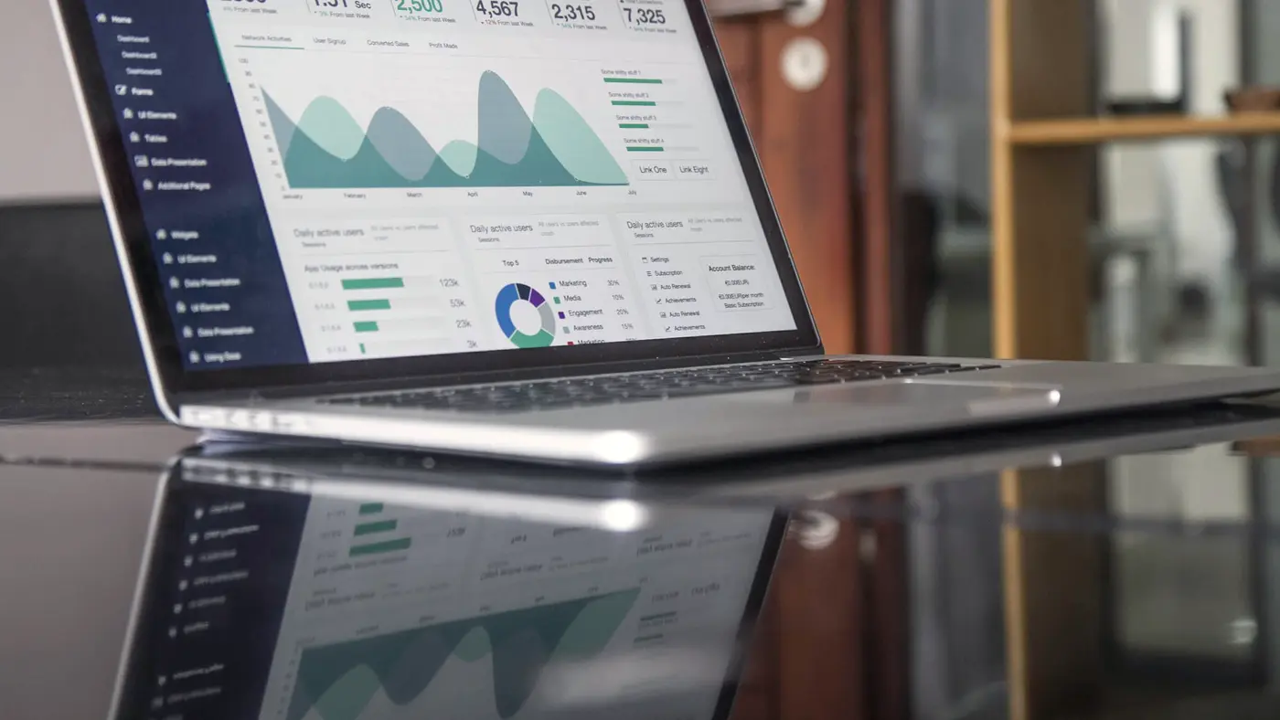 Laptop screen showing a business analytics dashboard with charts