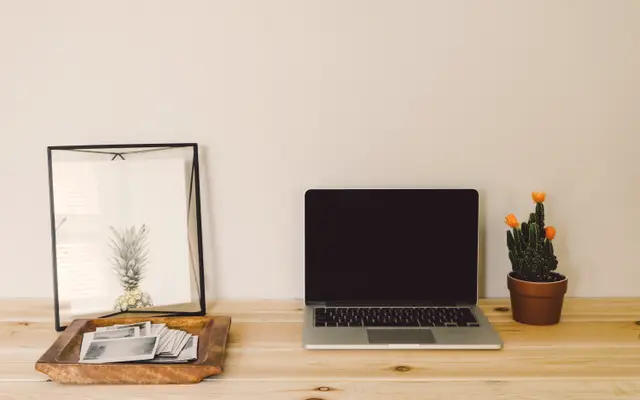 Laptop on a wooden desk with a small cactus and picture frame