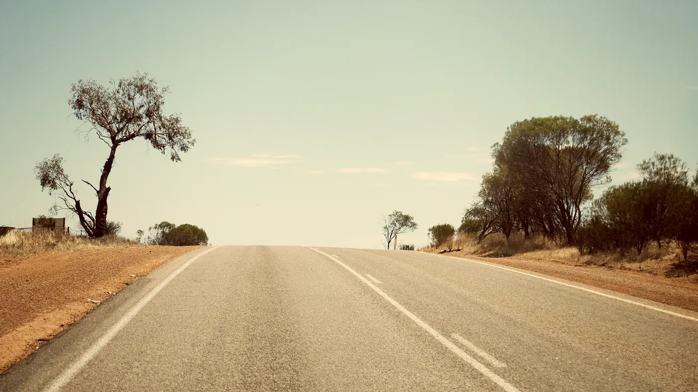 Empty two-lane road through dry open country with lone trees