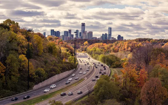 Highway through autumn trees leading toward a distant skyline