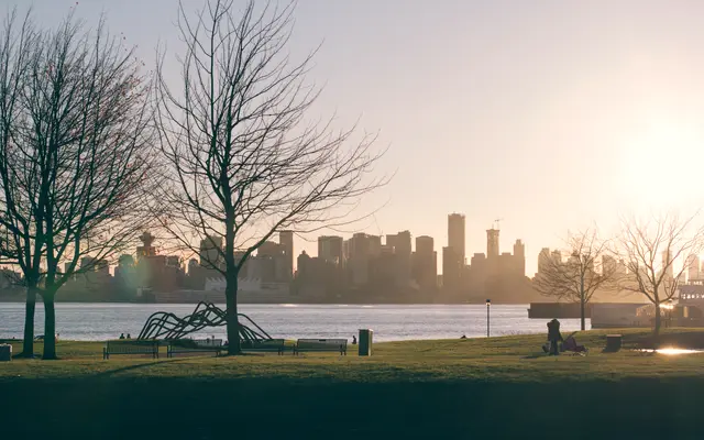 City skyline across the water seen from a park at sunset