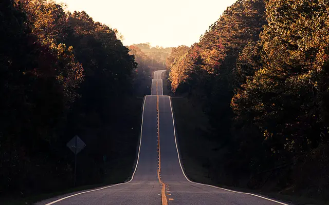 Straight road rising over hills between dark forest
