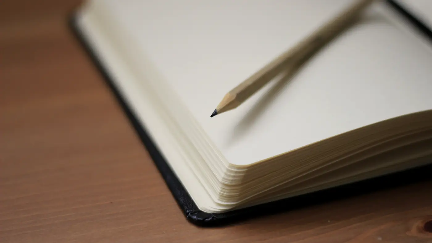Open blank notebook with a pencil on a wooden table