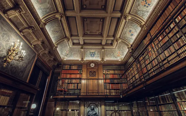 Quiet wood-panelled library with tall shelves of old books