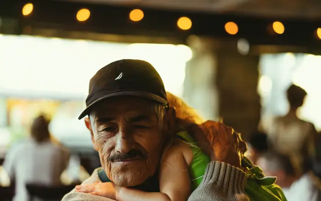 Grandfather in a cap smiling as a child hugs him