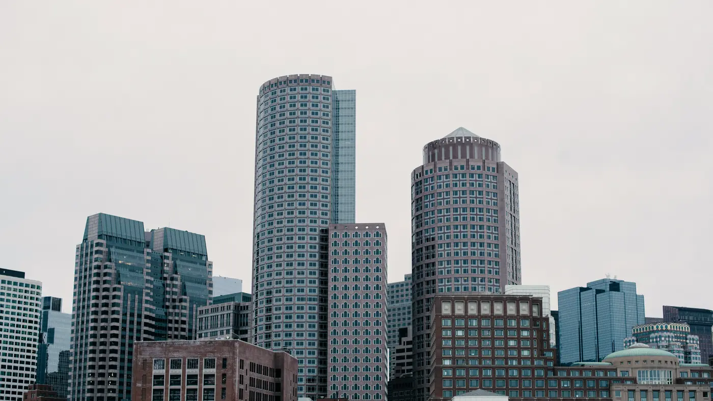 Cluster of downtown office towers on an overcast day