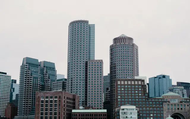 Cluster of downtown office towers on an overcast day