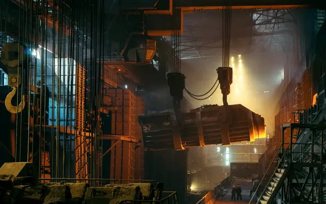 Crane lifting a molten metal ladle inside a steel mill