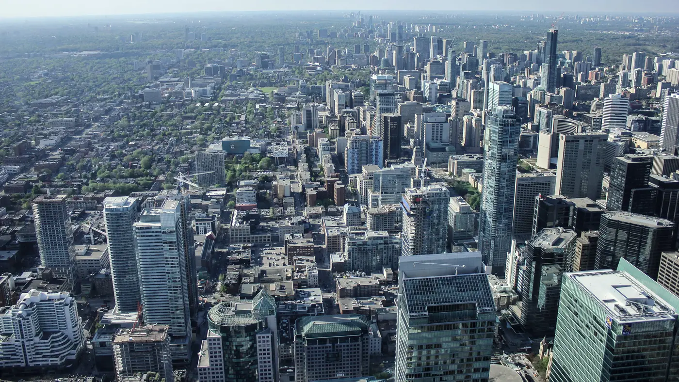 Aerial view of a dense downtown grid of high rises