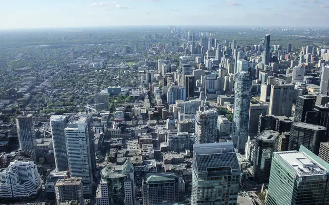 Aerial view of a dense downtown grid of high rises