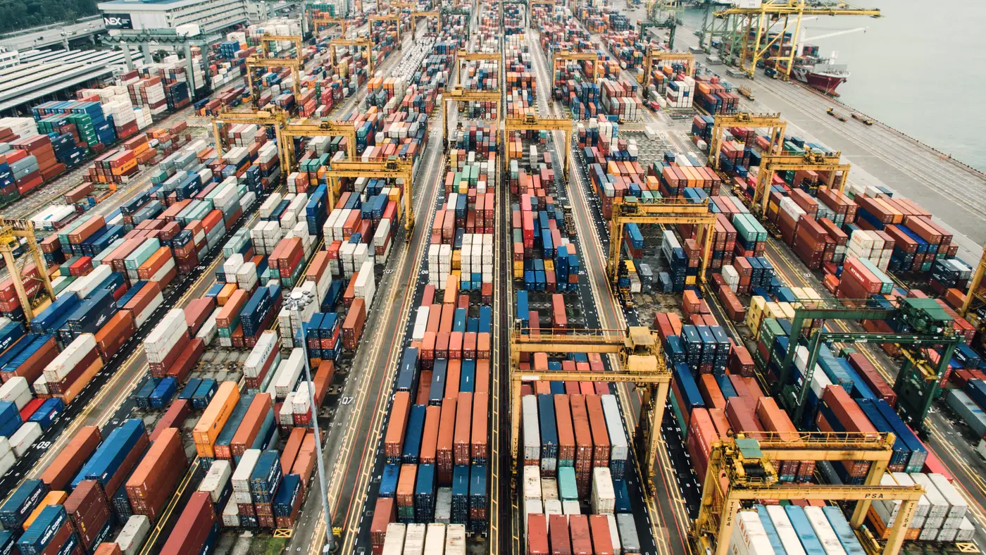 Container port with rows of gantry cranes seen from above