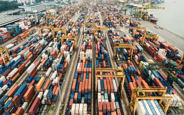 Container port with rows of gantry cranes seen from above