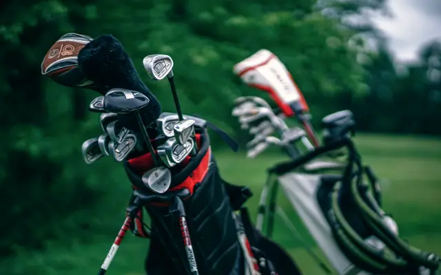 Golf bags full of clubs resting on a green course