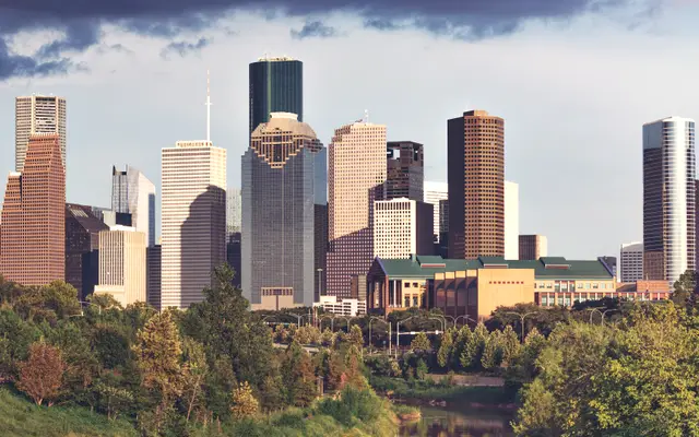 Houston skyline in warm light above a band of trees