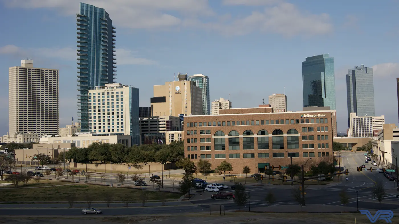 Downtown Fort Worth towers under a clear blue sky